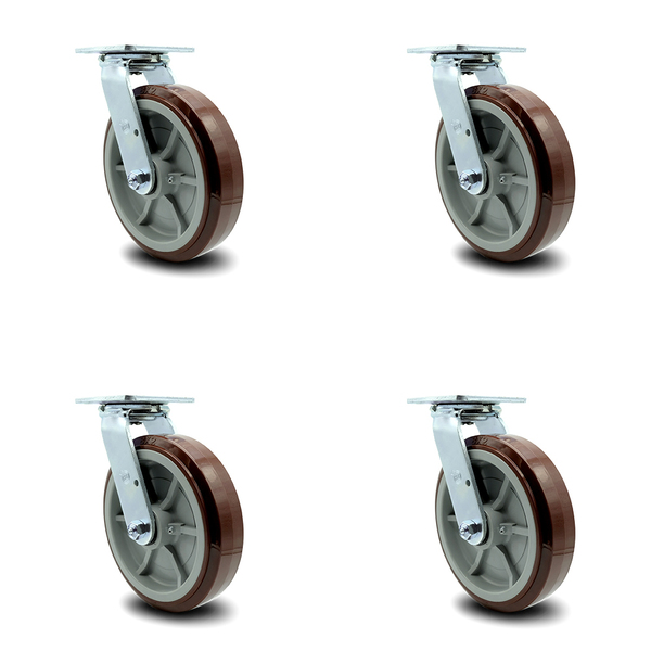 Service Caster 8 Inch Polyurethane Wheel Swivel Caster Set with Roller Bearing SCC-30CS820-PPUR-4